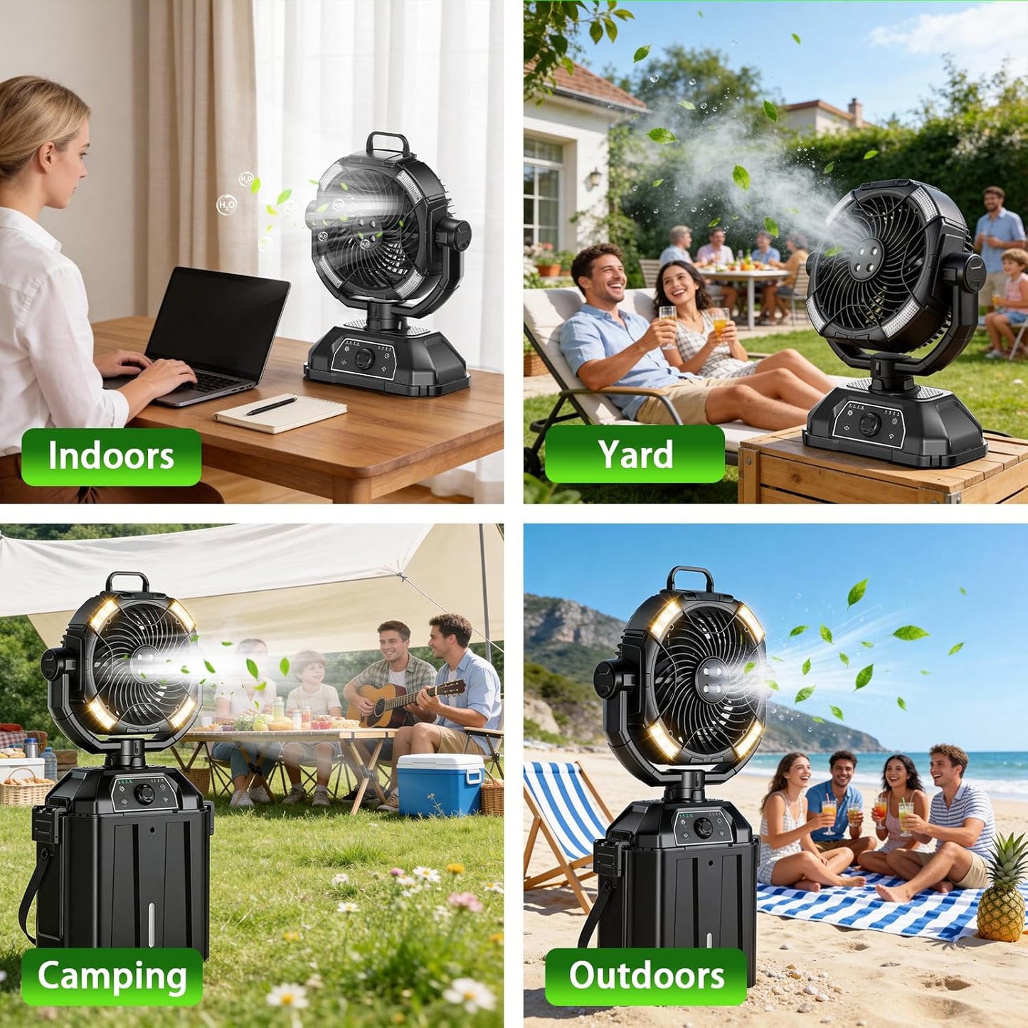 Portable Misting Fan Rechargeable for Hot Weather - 9-Inch Oscillating Camping Fan with USB Battery as Power Bank, 4 Mist Cooler, 7L Bucket for Outdoor/Camping/Patio/Golf (Black)