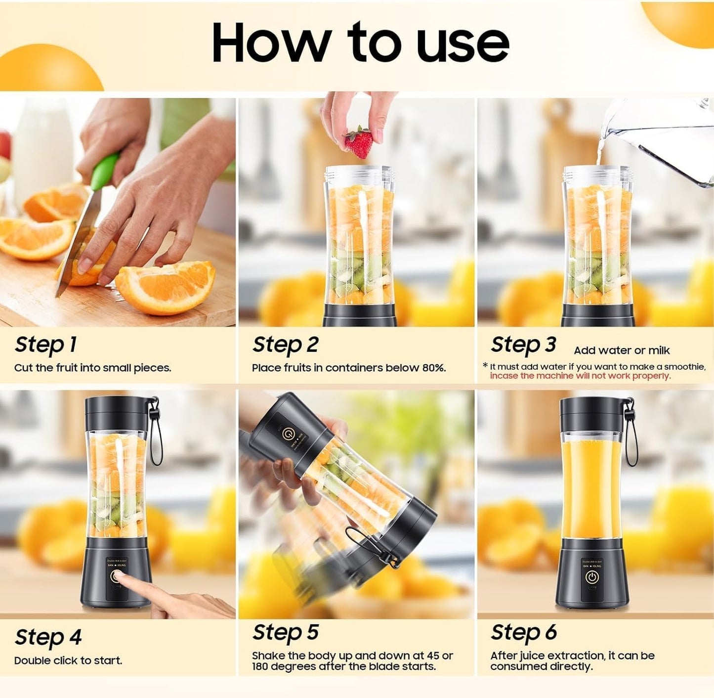 Portable Blender, Cordless Personal Smoothie Blender with USB Rechargeable & 6 Blades, Compact Mini Juicer Powerful Blending for Shakes/Fruits/Veggies/Travel/Home/Office/Gym/Camping