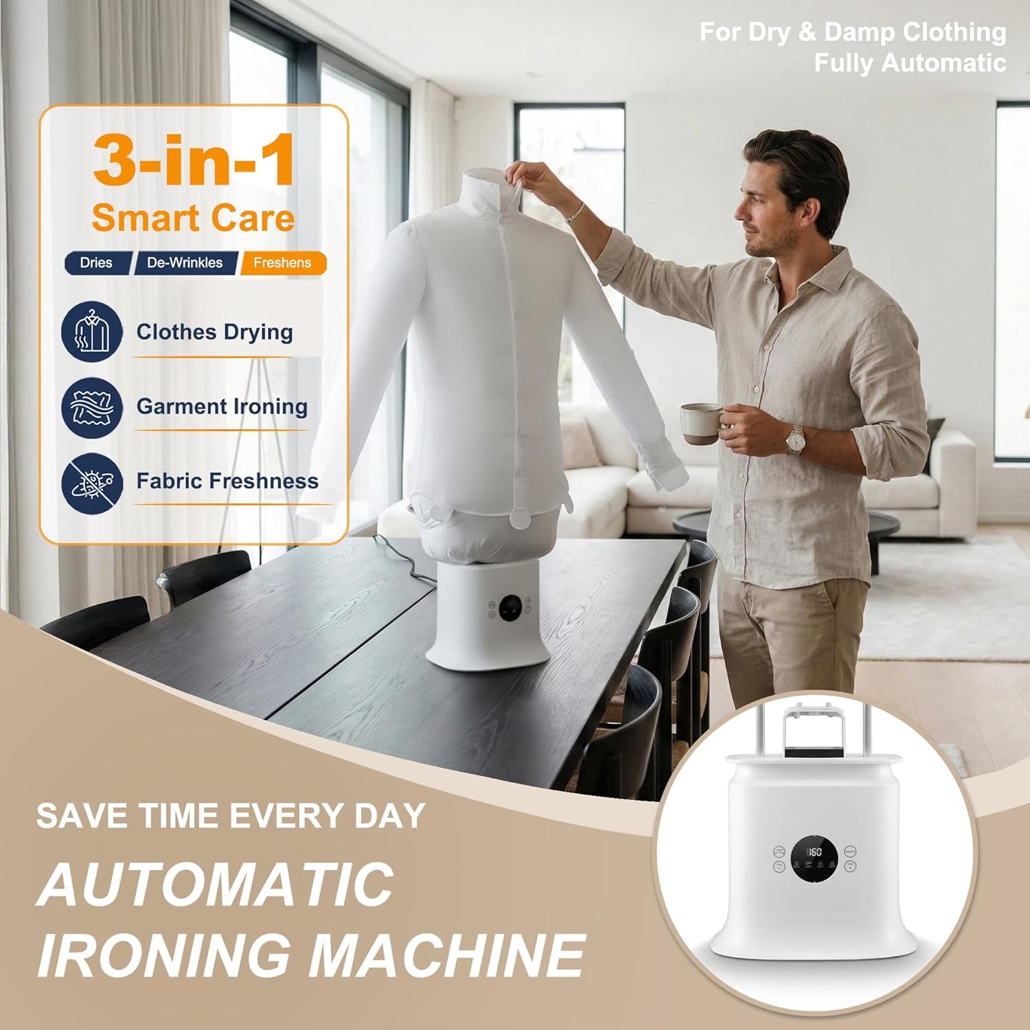 Automatic Ironing Machine 3.0, 3-In-1 Air & Steam Garment Dryer and Iron for Shirts, Pants, Dresses and More, Hands-Free Garment Care with Adjustable Time & Temperature, 1250W Fast Dryin