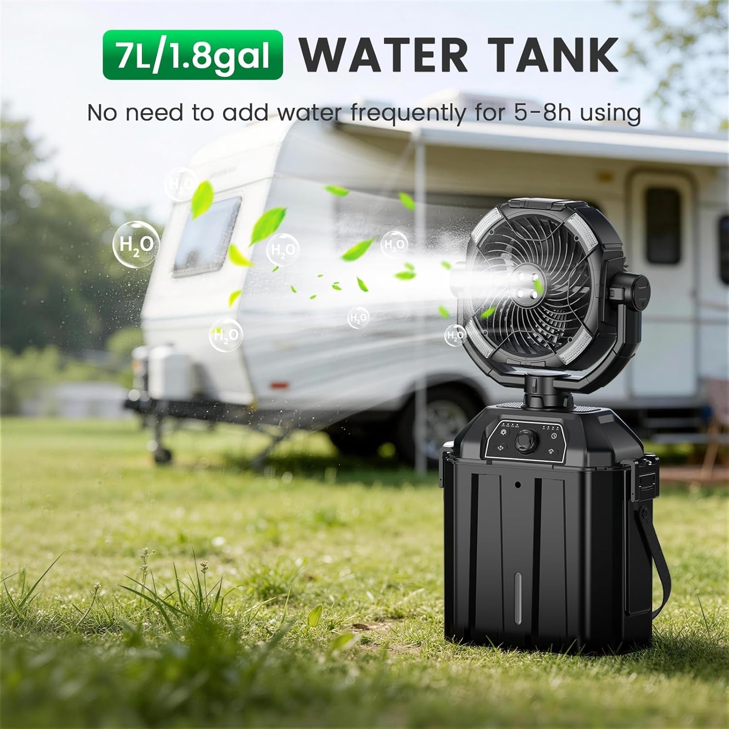 Portable Misting Fan Rechargeable for Hot Weather - 9-Inch Oscillating Camping Fan with USB Battery as Power Bank, 4 Mist Cooler, 7L Bucket for Outdoor/Camping/Patio/Golf (Black)
