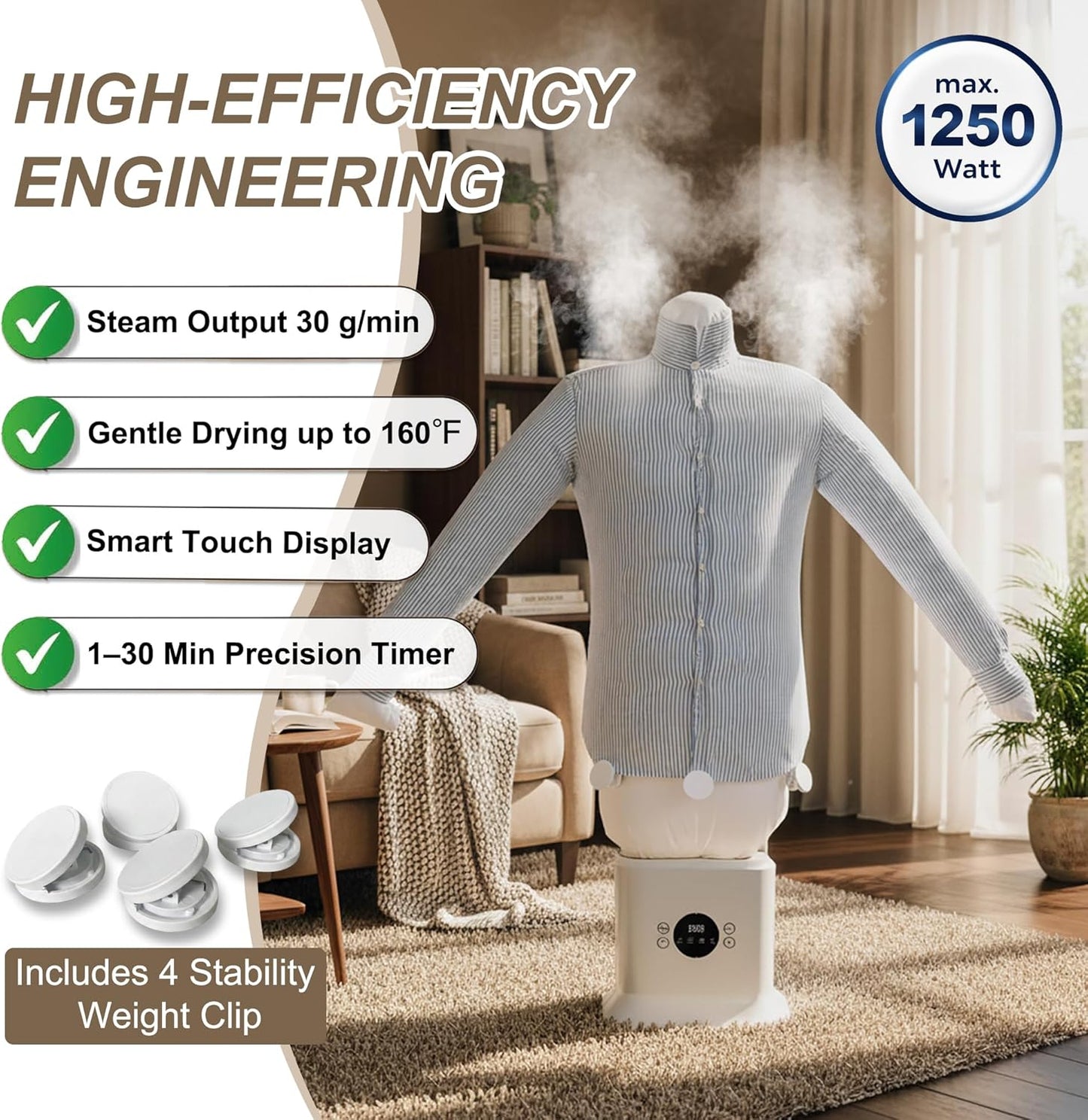Automatic Ironing Machine 3.0, 3-In-1 Air & Steam Garment Dryer and Iron for Shirts, Pants, Dresses and More, Hands-Free Garment Care with Adjustable Time & Temperature, 1250W Fast Dryin
