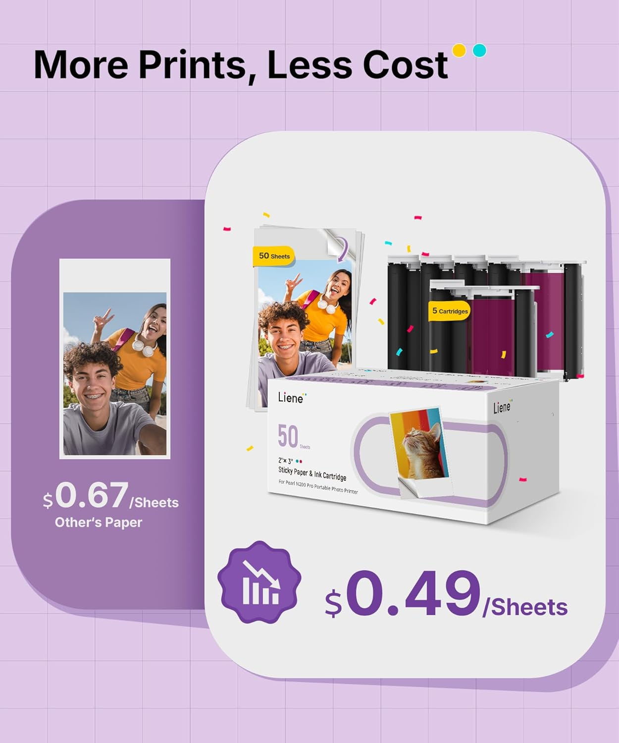Pearl N200 Pro Portable Photo Printer Photo Paper 50 Sheets & 5 Cartridges, Picture Printer Sticker Paper Adhesive, Waterproof, Smudge Proof, Photo Paper Only for DMP130 for Scrapbook