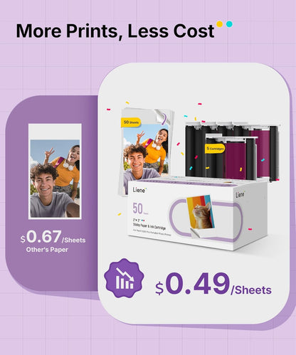 Pearl N200 Pro Portable Photo Printer Photo Paper 50 Sheets & 5 Cartridges, Picture Printer Sticker Paper Adhesive, Waterproof, Smudge Proof, Photo Paper Only for DMP130 for Scrapbook
