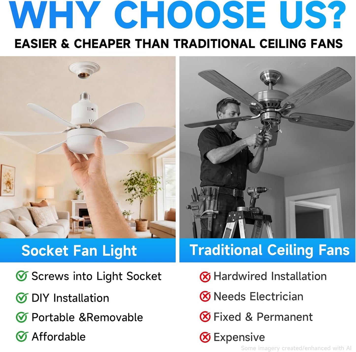 Socket Fan Light with Remote - 20'' Modern Small Ceiling Fans with Lights, 2200 Lumens Dimmable Led Bulb, 3 Colors 3000K-6500K, Easy Install Screw in E26 Base for Bedroom Living Room Kitchen Garage