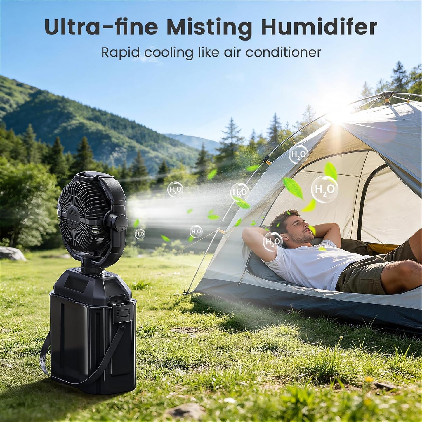 Portable Misting Fan Rechargeable for Hot Weather - 9-Inch Oscillating Camping Fan with USB Battery as Power Bank, 4 Mist Cooler, 7L Bucket for Outdoor/Camping/Patio/Golf (Black)