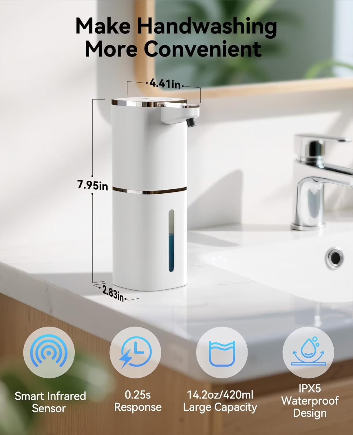 Automatic Foaming Soap Dispenser, Touchless Foam Soap Dispenser, Rechargeabled 9 Adjustable Levels & IPX5 Waterproof Wall Mounted 420Ml Soap Container for Bathroom, Kitchen and Hotel, White
