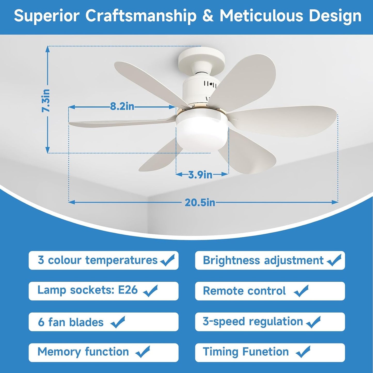 Socket Fan Light with Remote - 20'' Modern Small Ceiling Fans with Lights, 2200 Lumens Dimmable Led Bulb, 3 Colors 3000K-6500K, Easy Install Screw in E26 Base for Bedroom Living Room Kitchen Garage