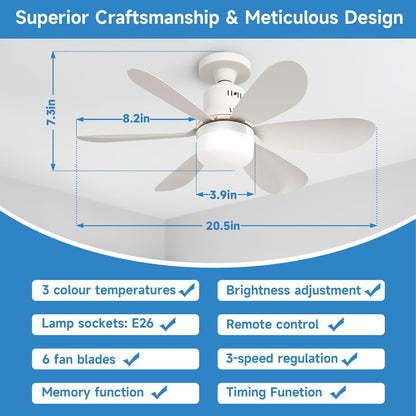 Socket Fan Light with Remote - 20'' Modern Small Ceiling Fans with Lights, 2200 Lumens Dimmable Led Bulb, 3 Colors 3000K-6500K, Easy Install Screw in E26 Base for Bedroom Living Room Kitchen Garage