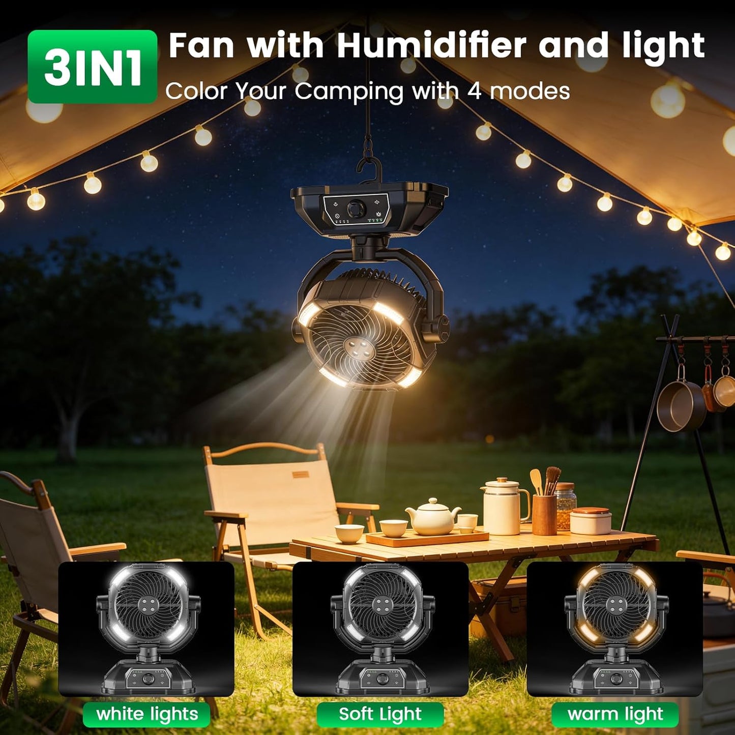 Portable Misting Fan Rechargeable for Hot Weather - 9-Inch Oscillating Camping Fan with USB Battery as Power Bank, 4 Mist Cooler, 7L Bucket for Outdoor/Camping/Patio/Golf (Black)