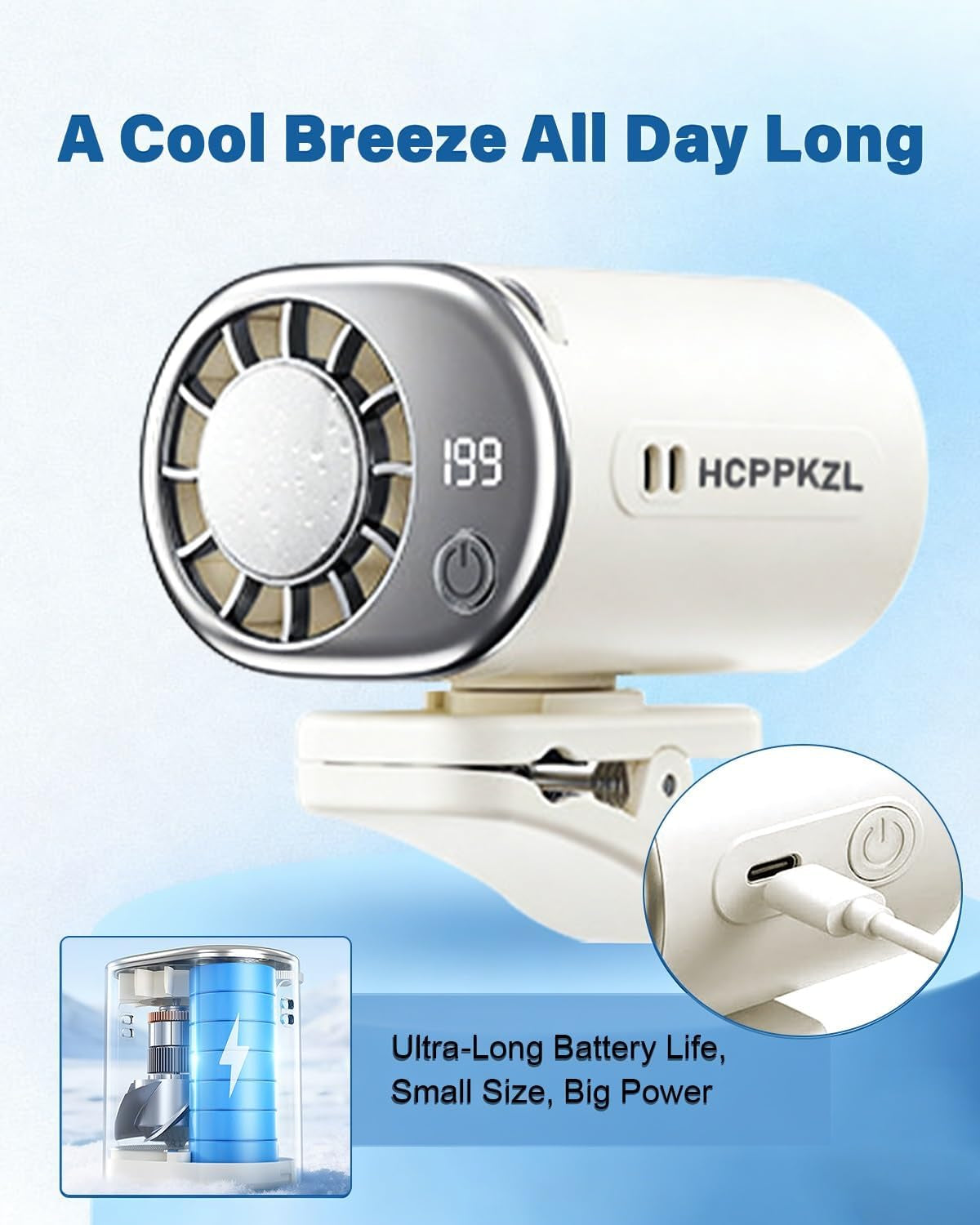 2026 Car Clip on Air Conditioner Fan with LED Display Portable Mini Cooling System 360° Rotation Adjustable 200 Speeds Rechargeable Handheld Gadget 16℃ Semi Wide Clamp for Vehicle Shirt Waist(Gray)