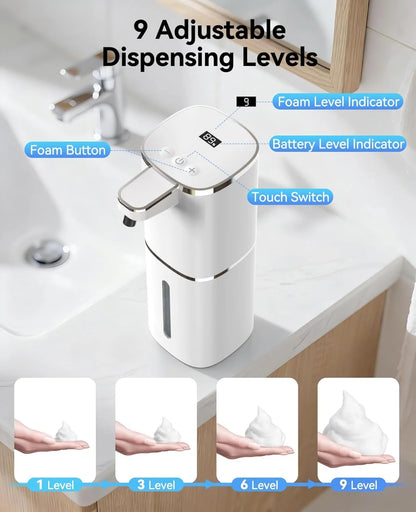 Automatic Foaming Soap Dispenser, Touchless Foam Soap Dispenser, Rechargeabled 9 Adjustable Levels & IPX5 Waterproof Wall Mounted 420Ml Soap Container for Bathroom, Kitchen and Hotel, White