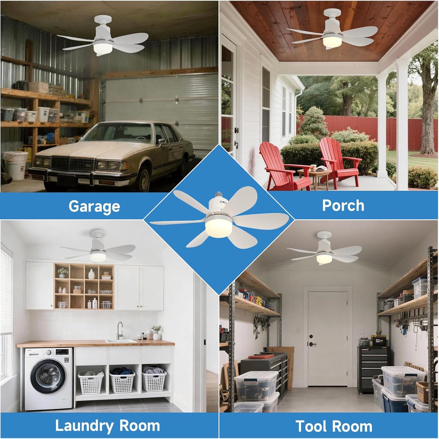 Socket Fan Light with Remote - 20'' Modern Small Ceiling Fans with Lights, 2200 Lumens Dimmable Led Bulb, 3 Colors 3000K-6500K, Easy Install Screw in E26 Base for Bedroom Living Room Kitchen Garage
