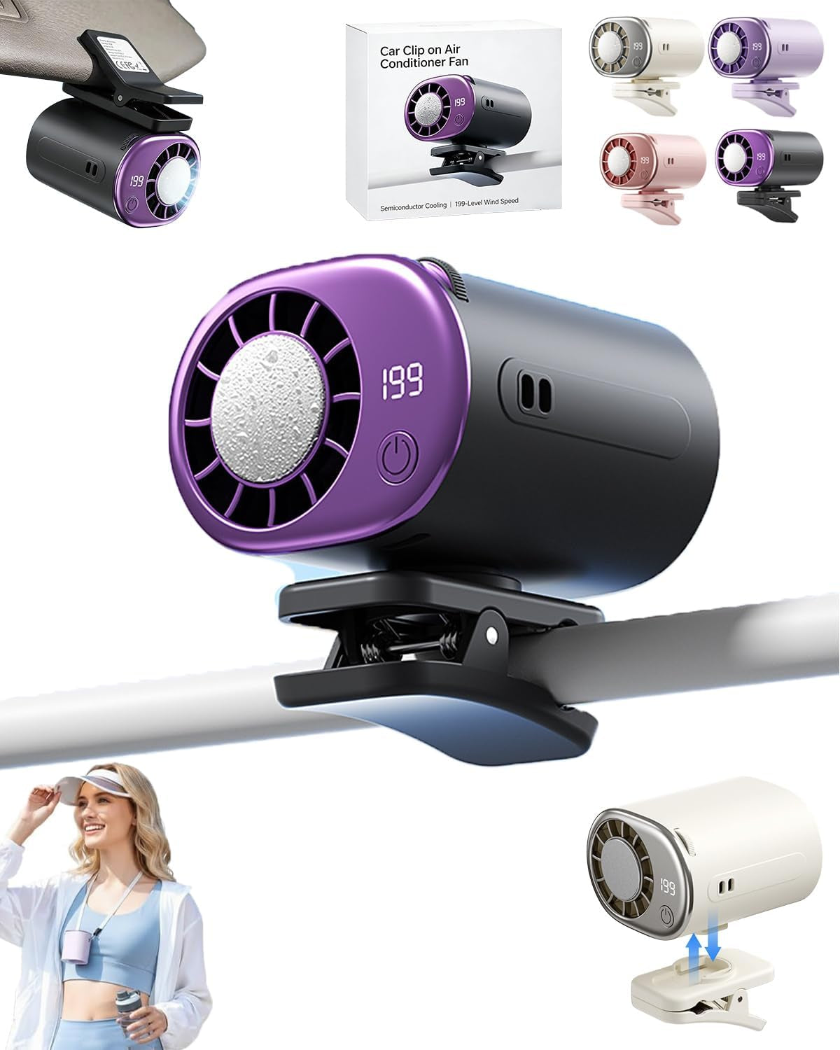 2026 Car Clip on Air Conditioner Fan with LED Display Portable Mini Cooling System 360° Rotation Adjustable 200 Speeds Rechargeable Handheld Gadget 16℃ Semi Wide Clamp for Vehicle Shirt Waist(Gray)