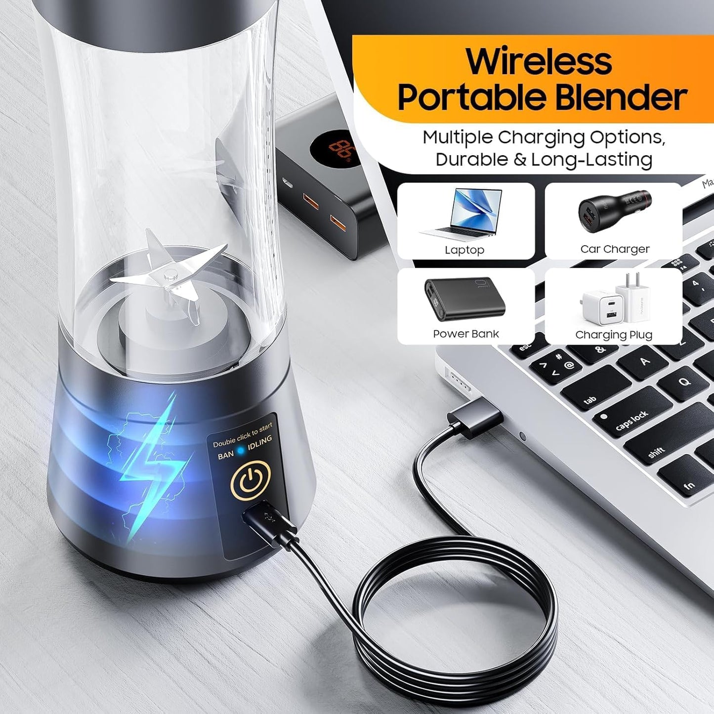 Portable Blender, Cordless Personal Smoothie Blender with USB Rechargeable & 6 Blades, Compact Mini Juicer Powerful Blending for Shakes/Fruits/Veggies/Travel/Home/Office/Gym/Camping
