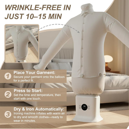 Automatic Ironing Machine 3.0, 3-In-1 Air & Steam Garment Dryer and Iron for Shirts, Pants, Dresses and More, Hands-Free Garment Care with Adjustable Time & Temperature, 1250W Fast Dryin