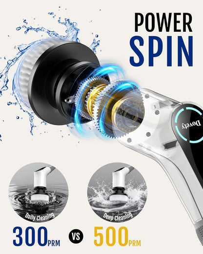 Electric Spin Scrubber, Shower Scrubber, Power Cleaner Tools with 8 Replaceable Brush Heads, Cleaning Brush with Extension Handle, 2 Adjustable Speeds, 90Mins Work Time for Home Bathtub-White