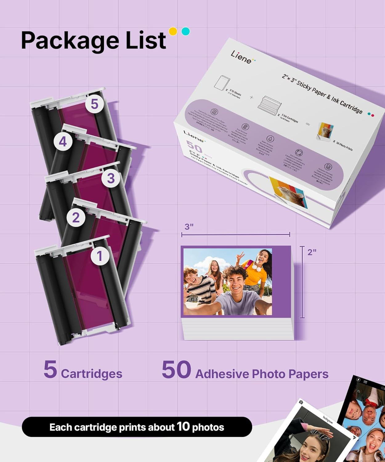 Pearl N200 Pro Portable Photo Printer Photo Paper 50 Sheets & 5 Cartridges, Picture Printer Sticker Paper Adhesive, Waterproof, Smudge Proof, Photo Paper Only for DMP130 for Scrapbook