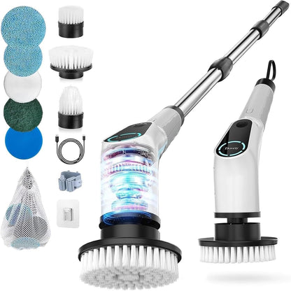 Electric Spin Scrubber, Shower Scrubber, Power Cleaner Tools with 8 Replaceable Brush Heads, Cleaning Brush with Extension Handle, 2 Adjustable Speeds, 90Mins Work Time for Home Bathtub-White
