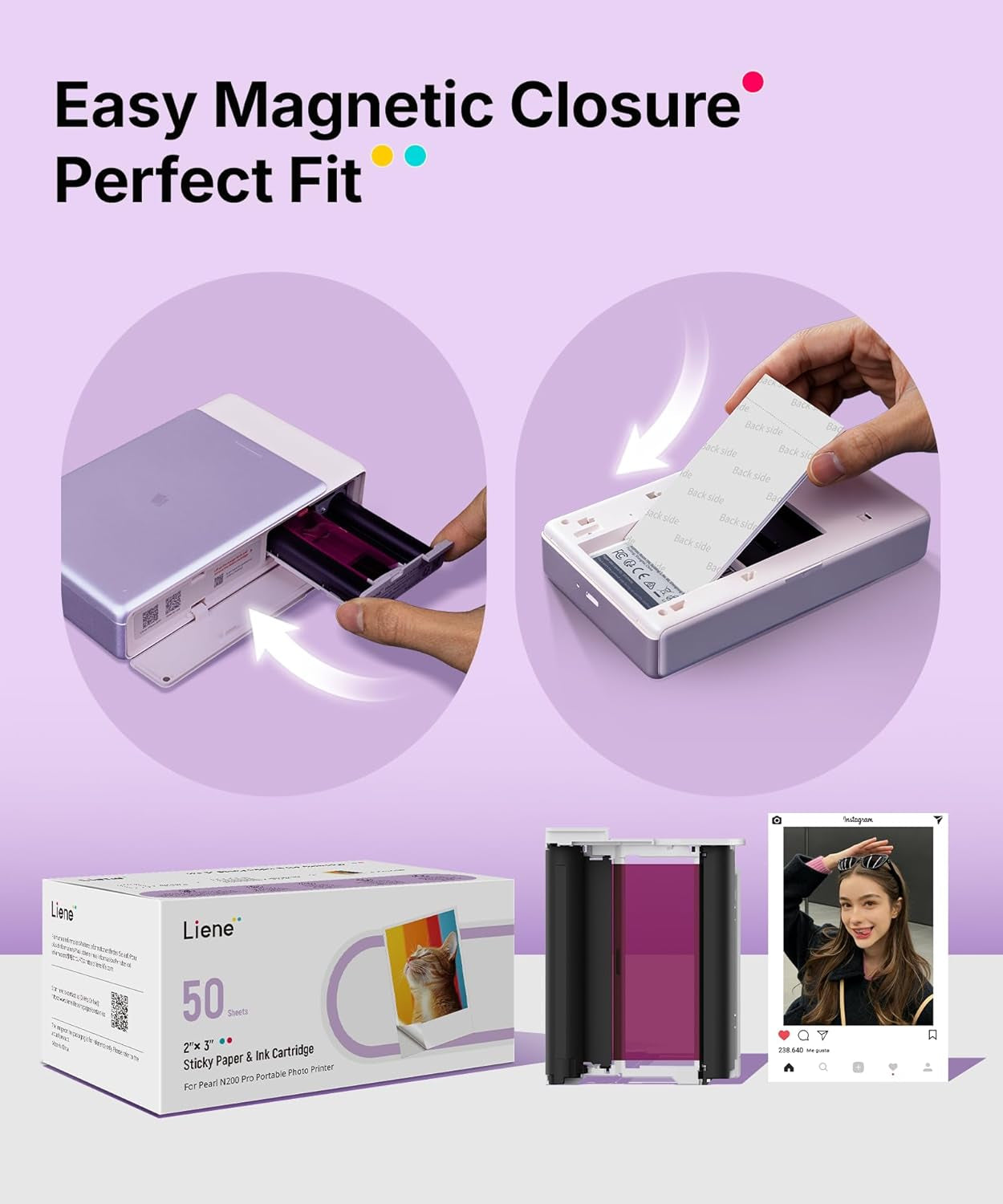 Pearl N200 Pro Portable Photo Printer Photo Paper 50 Sheets & 5 Cartridges, Picture Printer Sticker Paper Adhesive, Waterproof, Smudge Proof, Photo Paper Only for DMP130 for Scrapbook