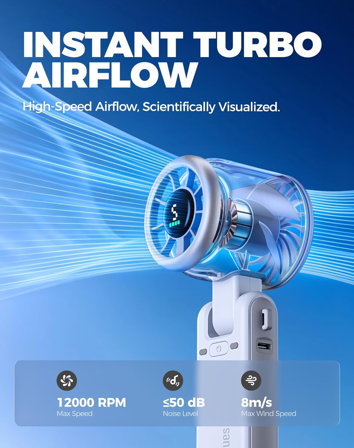 Portable Handheld Turbo Fan, 5 Gear Wind, Battery Operated, up to 12 Working Hours, 3 in 1 Hand Fan with Air Turbo Tech Cooling Fan for Outdoor Activities, Travel, Working, Silvery White