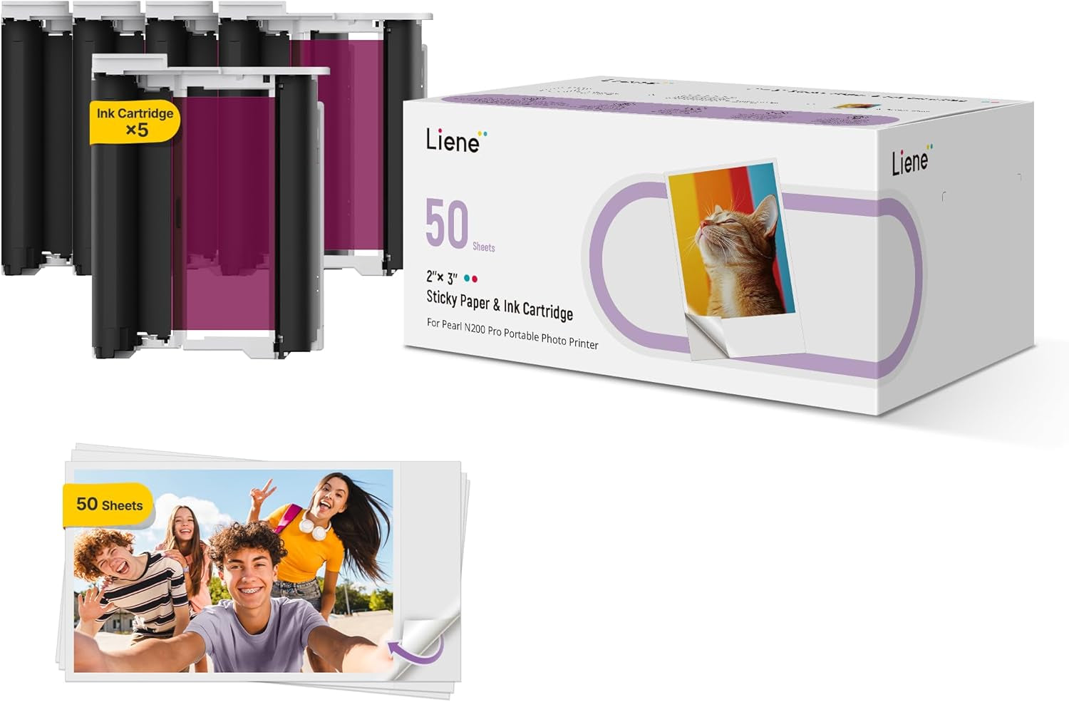 Pearl N200 Pro Portable Photo Printer Photo Paper 50 Sheets & 5 Cartridges, Picture Printer Sticker Paper Adhesive, Waterproof, Smudge Proof, Photo Paper Only for DMP130 for Scrapbook
