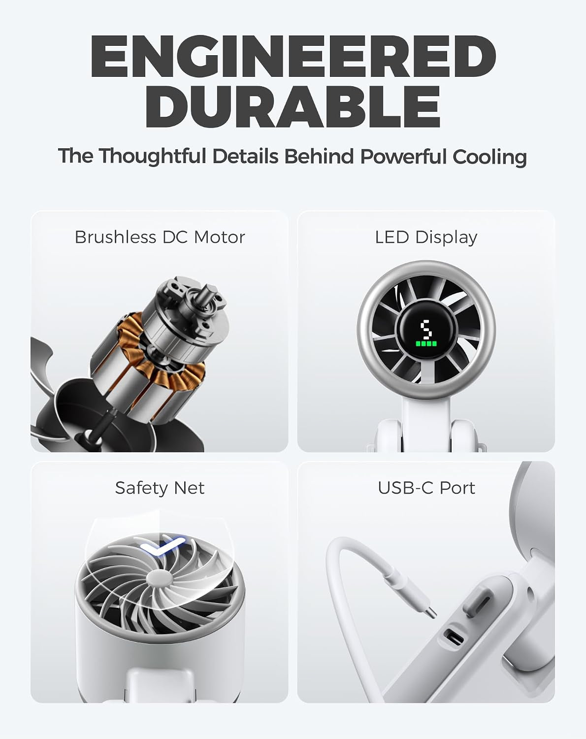 Portable Handheld Turbo Fan, 5 Gear Wind, Battery Operated, up to 12 Working Hours, 3 in 1 Hand Fan with Air Turbo Tech Cooling Fan for Outdoor Activities, Travel, Working, Silvery White