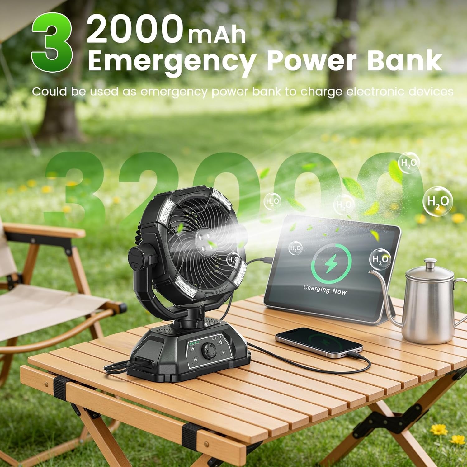 Portable Misting Fan Rechargeable for Hot Weather - 9-Inch Oscillating Camping Fan with USB Battery as Power Bank, 4 Mist Cooler, 7L Bucket for Outdoor/Camping/Patio/Golf (Black)