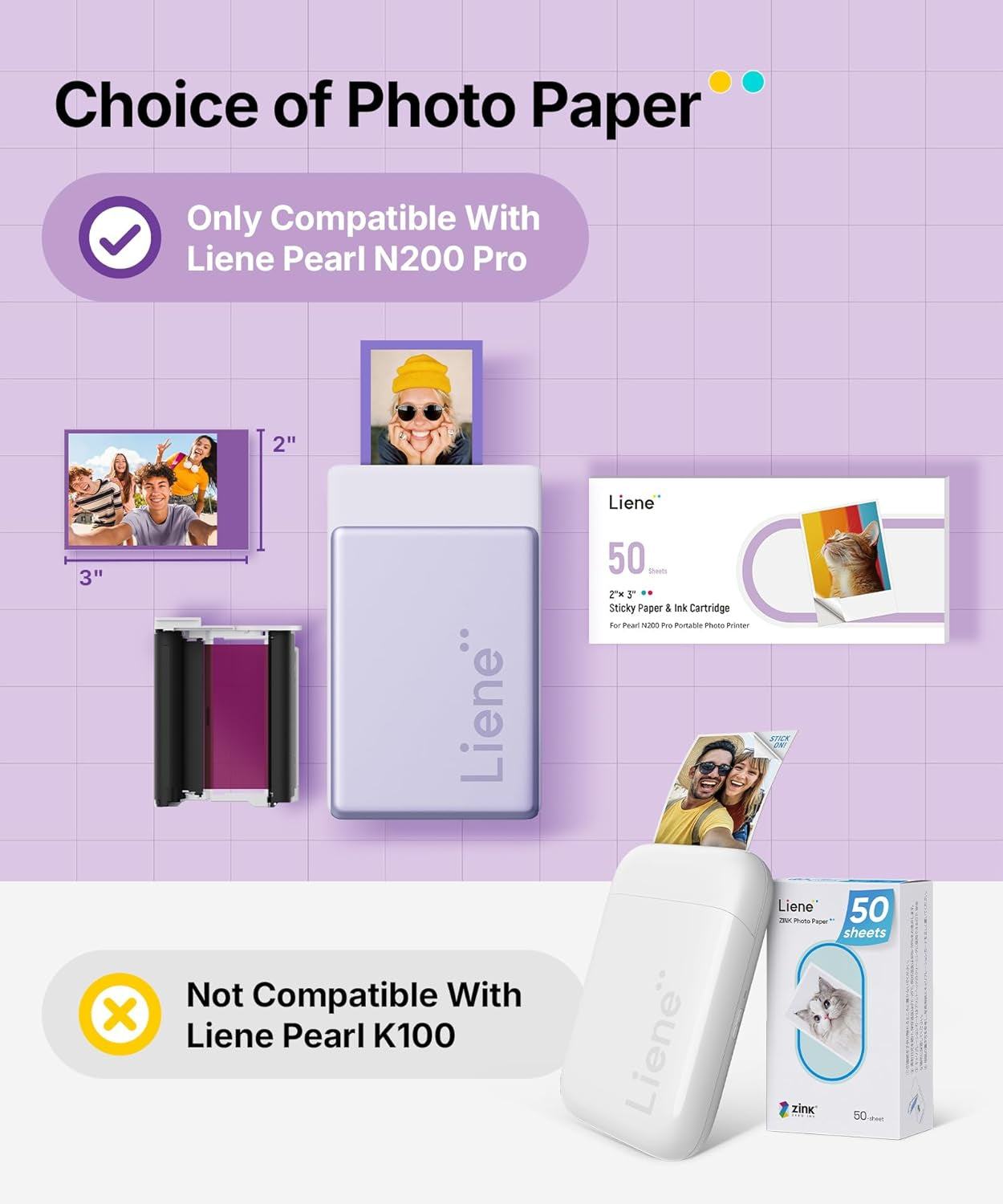 Pearl N200 Pro Portable Photo Printer Photo Paper 50 Sheets & 5 Cartridges, Picture Printer Sticker Paper Adhesive, Waterproof, Smudge Proof, Photo Paper Only for DMP130 for Scrapbook