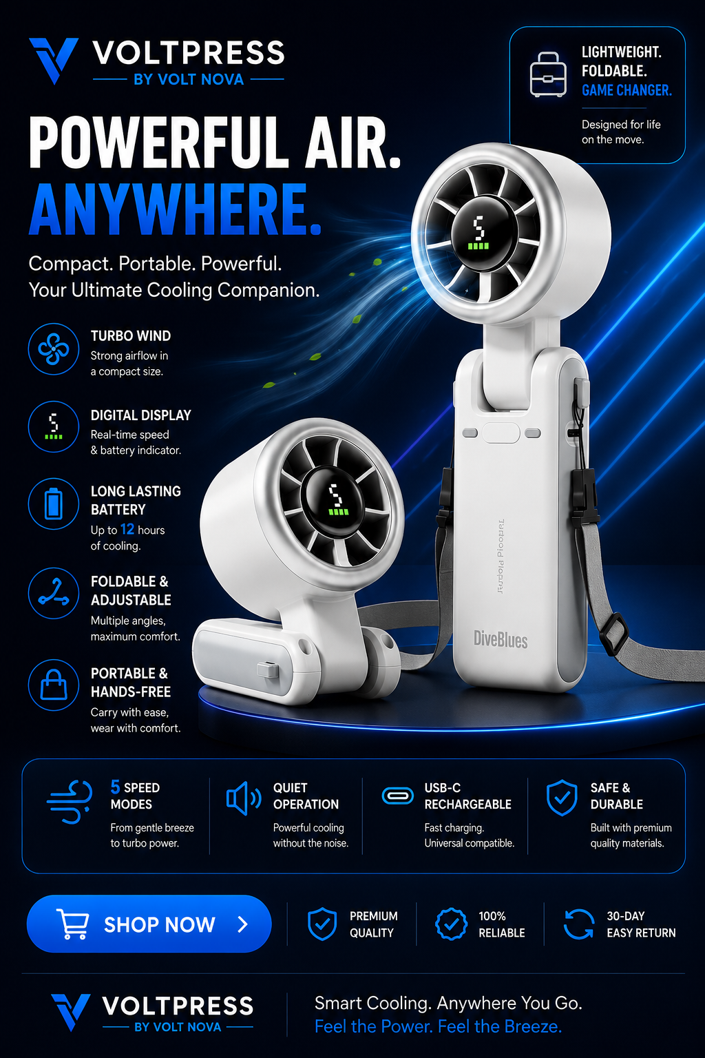 VoltBreeze™ Portable Turbo Handheld Fan | 3-in-1 Rechargeable Cooling Fan