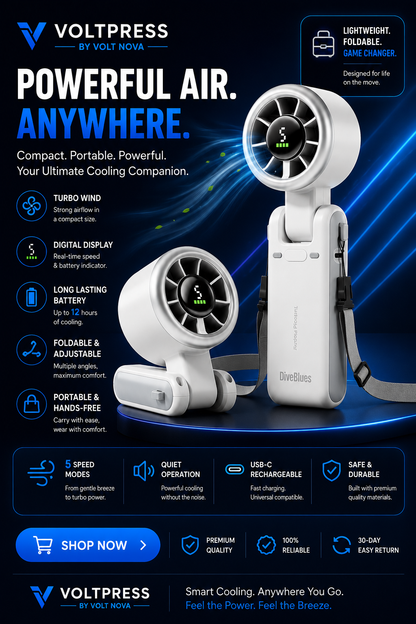 VoltBreeze™ Portable Turbo Handheld Fan | 3-in-1 Rechargeable Cooling Fan