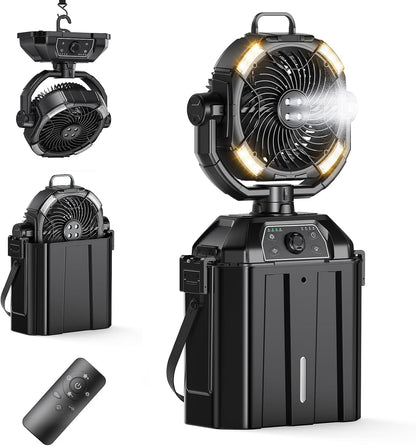 Portable Misting Fan Rechargeable for Hot Weather - 9-Inch Oscillating Camping Fan with USB Battery as Power Bank, 4 Mist Cooler, 7L Bucket for Outdoor/Camping/Patio/Golf (Black)