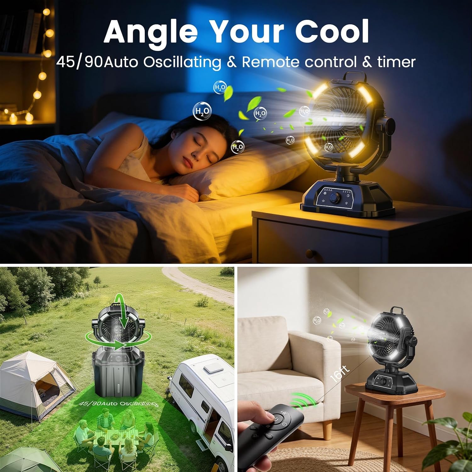 Portable Misting Fan Rechargeable for Hot Weather - 9-Inch Oscillating Camping Fan with USB Battery as Power Bank, 4 Mist Cooler, 7L Bucket for Outdoor/Camping/Patio/Golf (Black)