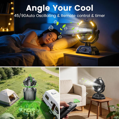 Portable Misting Fan Rechargeable for Hot Weather - 9-Inch Oscillating Camping Fan with USB Battery as Power Bank, 4 Mist Cooler, 7L Bucket for Outdoor/Camping/Patio/Golf (Black)