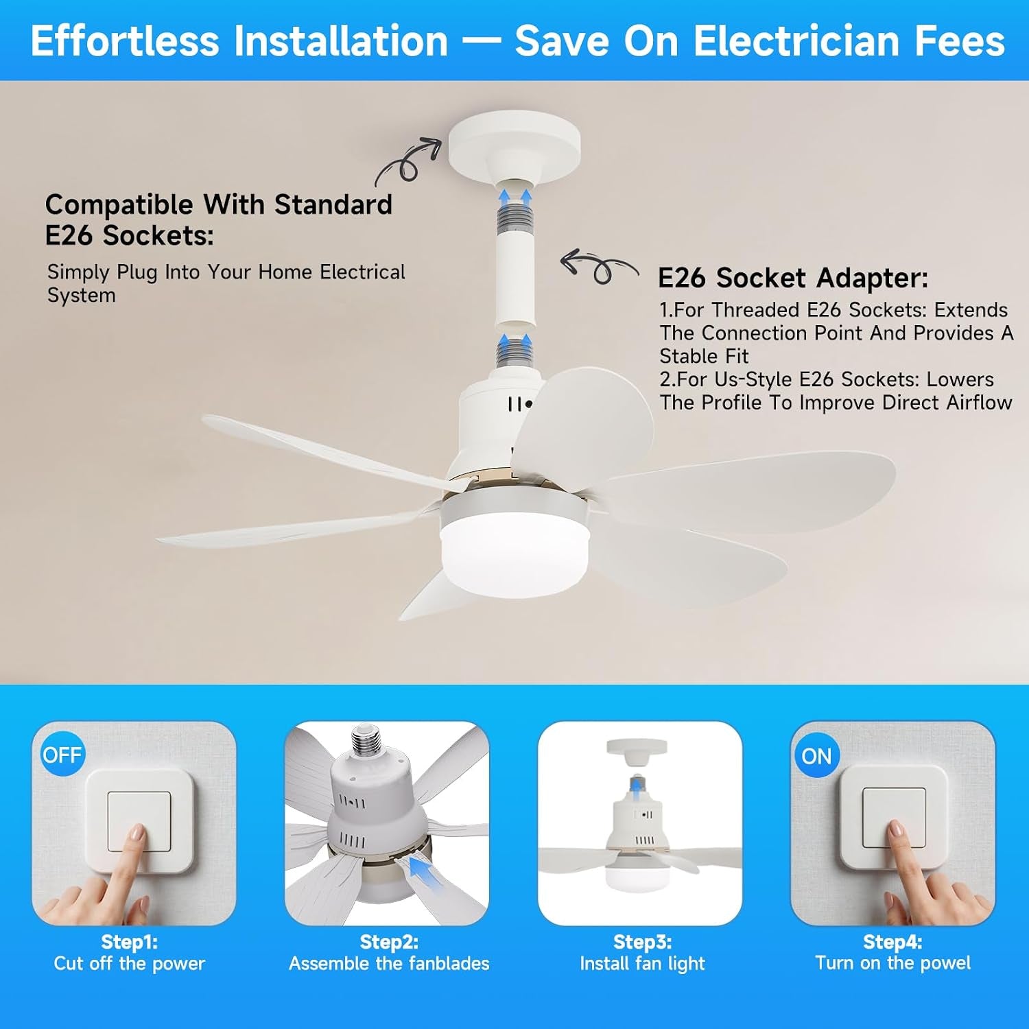 Socket Fan Light with Remote - 20'' Modern Small Ceiling Fans with Lights, 2200 Lumens Dimmable Led Bulb, 3 Colors 3000K-6500K, Easy Install Screw in E26 Base for Bedroom Living Room Kitchen Garage