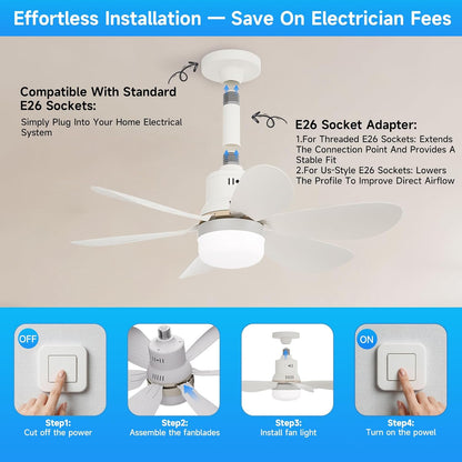 Socket Fan Light with Remote - 20'' Modern Small Ceiling Fans with Lights, 2200 Lumens Dimmable Led Bulb, 3 Colors 3000K-6500K, Easy Install Screw in E26 Base for Bedroom Living Room Kitchen Garage