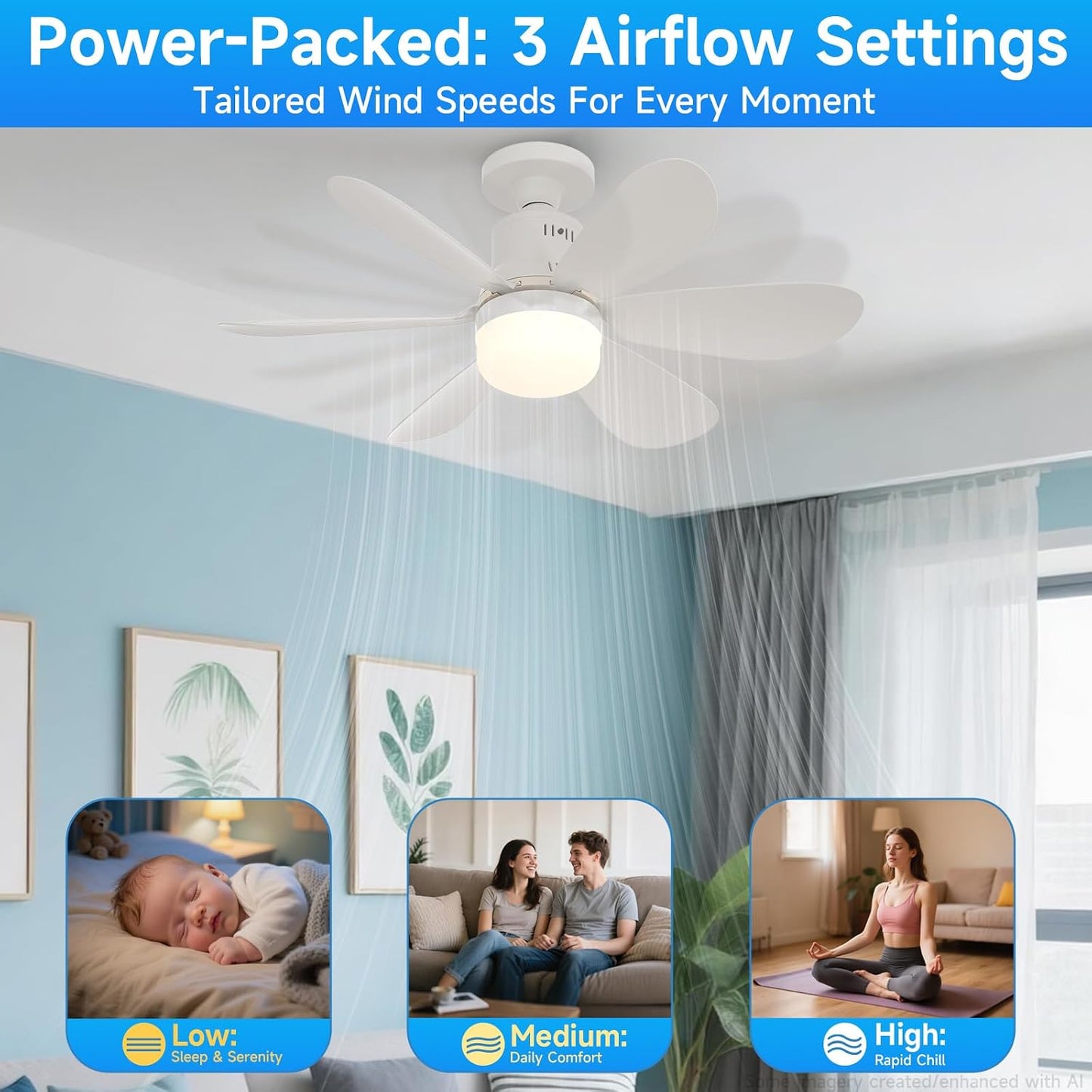 Socket Fan Light with Remote - 20'' Modern Small Ceiling Fans with Lights, 2200 Lumens Dimmable Led Bulb, 3 Colors 3000K-6500K, Easy Install Screw in E26 Base for Bedroom Living Room Kitchen Garage