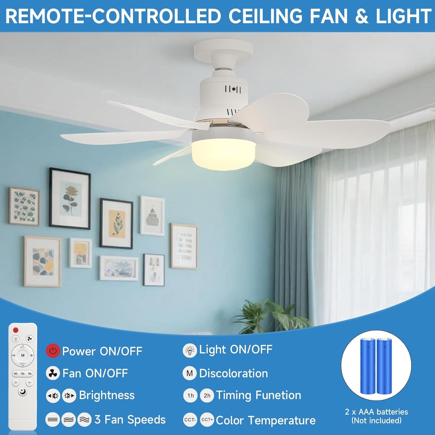 Socket Fan Light with Remote - 20'' Modern Small Ceiling Fans with Lights, 2200 Lumens Dimmable Led Bulb, 3 Colors 3000K-6500K, Easy Install Screw in E26 Base for Bedroom Living Room Kitchen Garage
