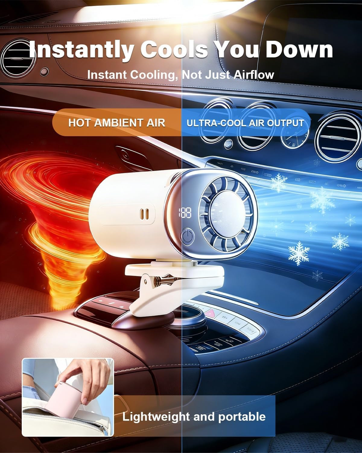 2026 Car Clip on Air Conditioner Fan with LED Display Portable Mini Cooling System 360° Rotation Adjustable 200 Speeds Rechargeable Handheld Gadget 16℃ Semi Wide Clamp for Vehicle Shirt Waist(Gray)
