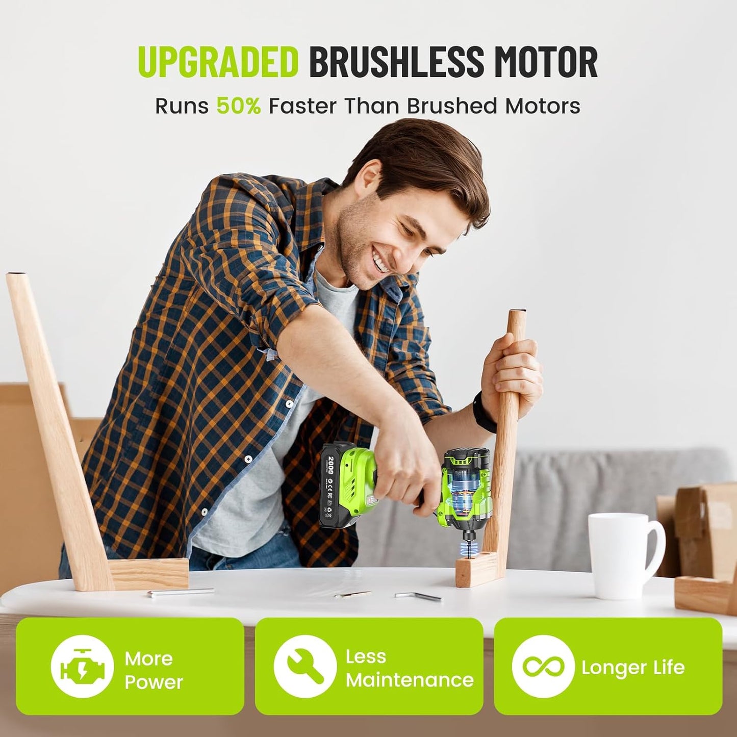 Impact Driver: 21V 1/4" Hex Cordless Impact Driver, 230N.M (2,035In-Lbs) Brushless Impact Driver Drill Set, 20Psc Screwdriver Bits, 2.0 Ah Battery, Variable Speed for DIY and Automotive