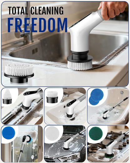 Electric Spin Scrubber, Shower Scrubber, Power Cleaner Tools with 8 Replaceable Brush Heads, Cleaning Brush with Extension Handle, 2 Adjustable Speeds, 90Mins Work Time for Home Bathtub-White
