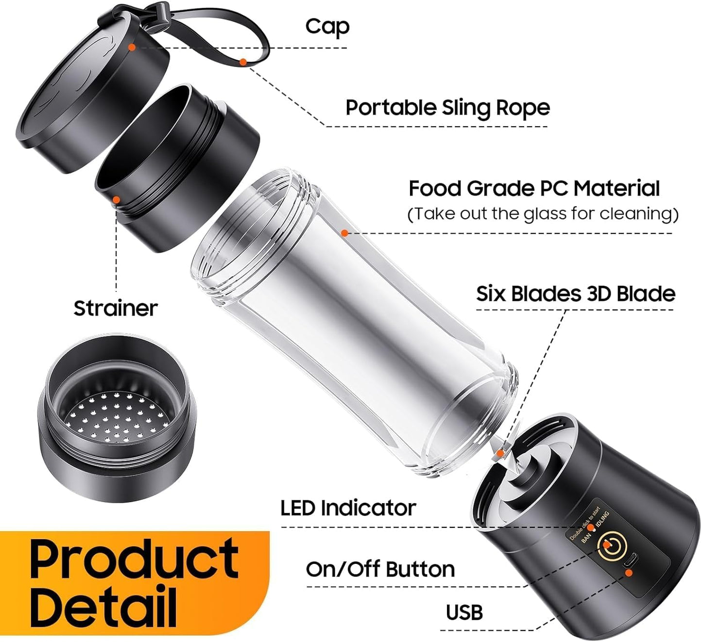 Portable Blender, Cordless Personal Smoothie Blender with USB Rechargeable & 6 Blades, Compact Mini Juicer Powerful Blending for Shakes/Fruits/Veggies/Travel/Home/Office/Gym/Camping
