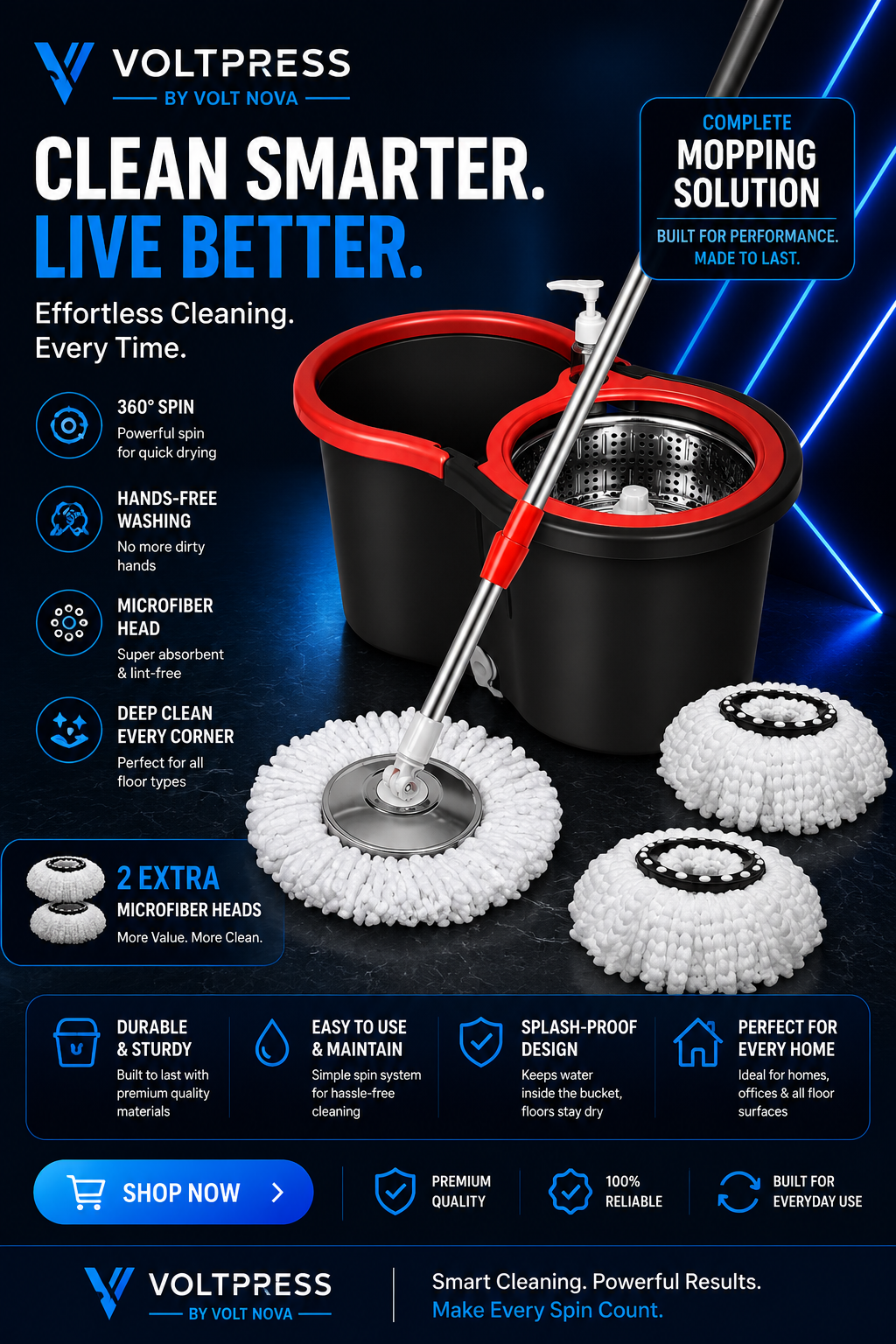 VoltClean™ 360° Spin Mop | Hands-Free Floor Cleaning System